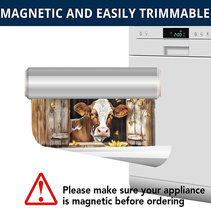 Farm Animals Cow Kitchen Magnet Dishwasher Skin Cover Panel, Country Sunflower Refrigerator Door Cover Sheet Magnetic, Butterfly Magnetic Dishwasher Sticker for Front, 23" W x 17" H Magnetic