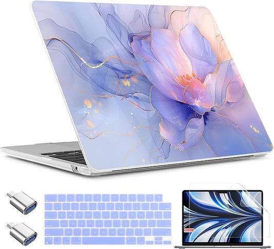 TWOLSKOO for MacBook Air 15 inch Case 2026 2025 2024 2023 Release M5 A3448 M4 A3241 M3 A3114 M2 A2941, Plastic Hard Shell & Screen Protector & Keyboard Cover & Type C Adapter, Blue Marble
