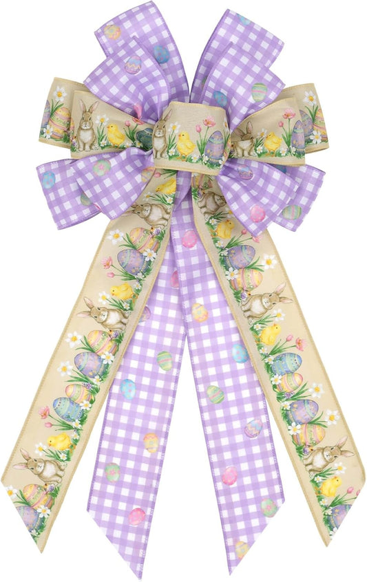Purple Gingham Easter Bunny Wreath Bow - 21 Inch Large Wired Ribbon for Front Door & Spring Decor