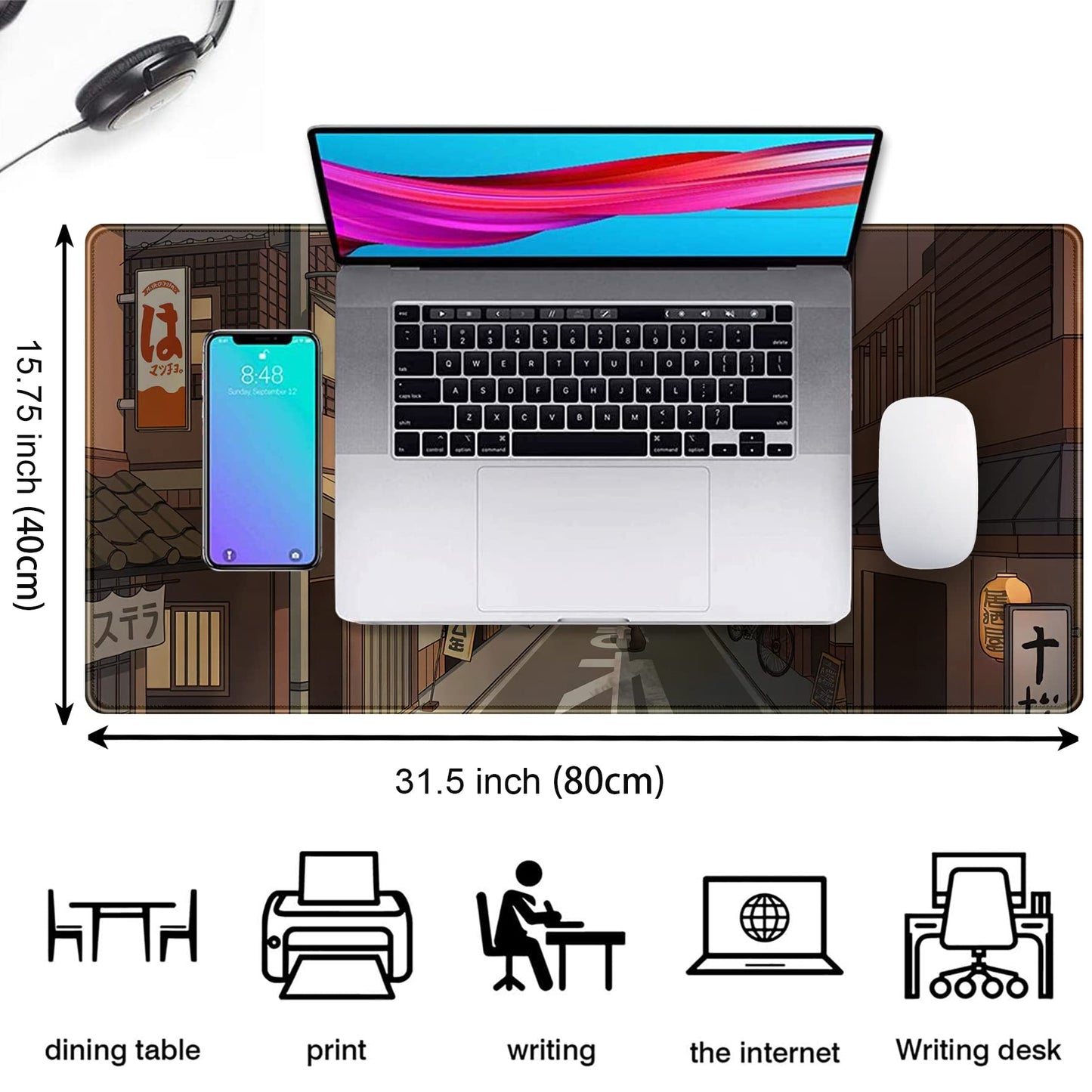 Tokyo Street at Night Kawaii Japanese XL Mouse Pad, Cute Gaming Desk Pads, Anime Large Desktop Mat, XXL Keyboard Mats, Extended Laptop Mat 31.5''X15.7''