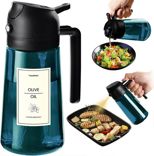 TrendPlain 16oz Blue Glass Olive Oil Sprayer - 2-in-1 Dispenser for Cooking, Air Fryer & BBQ