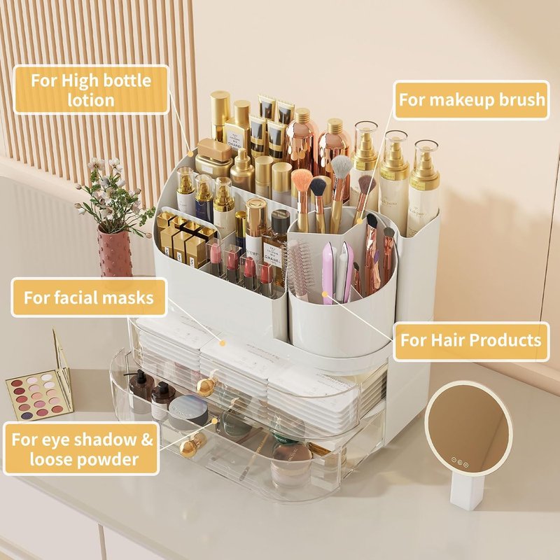 Makeup Organizer for Vanity - Large Rotating Cosmetic Organizer with Drawers | White Countertop Storage for Skincare, Perfume, Lipsticks, Nail Polish
