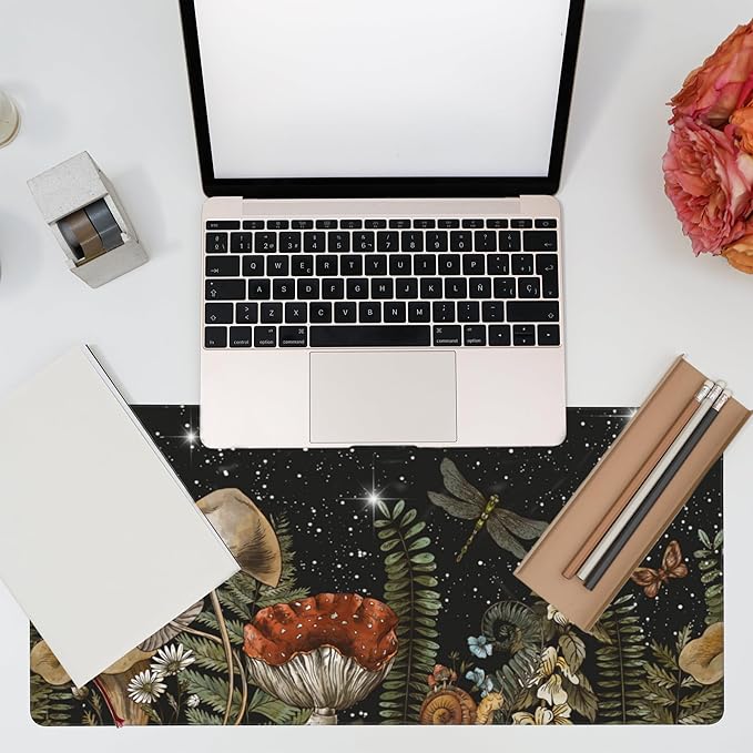 Eflxamz Large Gaming Mouse Pad for Desk,Cute Forest Mushroom Desk Mat,Starry Night Mushroom Desk Pad,Extended Big Computer Keyboard Mouse Pad with Non-Slip Base and Stitched Edge,35.4"x15.7"