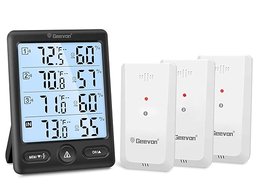 Geevon Indoor Outdoor Thermometer Wireless 3 Remote Sensors, 5-Inch Display Digital Hygrometer Thermometer Temperature Humidity Monitor with 8S Backlight, Battery-Powered