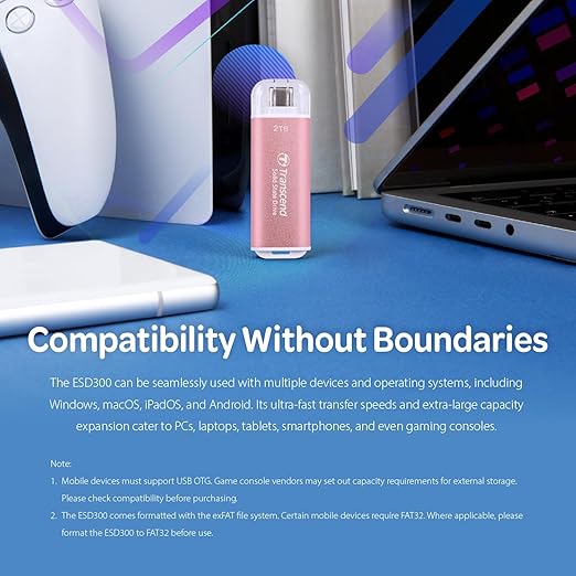Transcend ESD300 512GB External SSD, Up to 1,050MB/s, Type C USB Drive for iPhone17,16,15, iPad&Mac/Pixel10/Tesla/Steam Deck/ROG Ally/MSI Claw/Android/PS5, Smart TV, USB 3.2 Gen2 Portable SSD- Pink