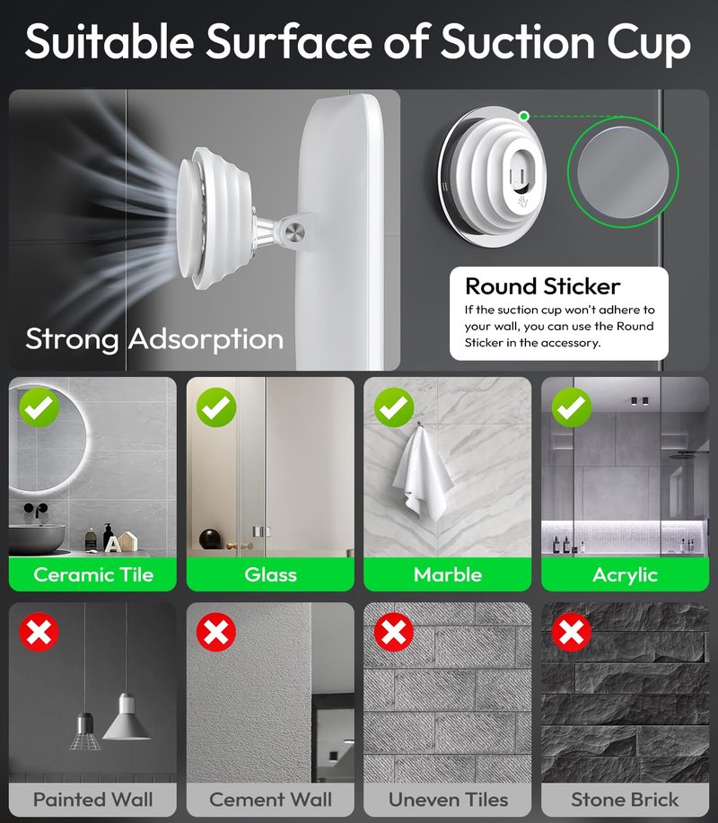 Glowtop Lighted Shower Mirror Fogless for Shaving with Light, 5000mAh Heated Fogless Mirror for Shower, Detachable Razor Holder and Suction Cup for Wall, NO-Drilling, Waterproof for Bathroom (White)