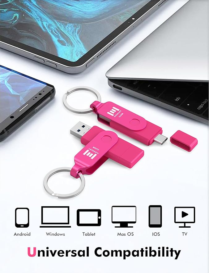MOSDART 512GB USB 3.2 Fast Speed C and A Dual Flash Drive, exFAT Memory Stick with Keychain and LED Indicator, for iPhone 15,16,17, Android Phone, iPad, MacBook, and Other Laptops, Hot Pink