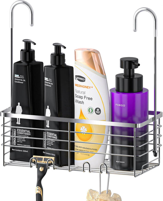 SHANSHUI Shower Organizer Caddy - Rustproof 304 Stainless Steel Hanging Basket for Bathroom | Over Door Rack with Hooks