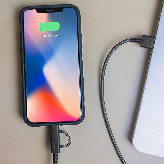 Smartish USB-C/Lightning Cable 17/16/16e/15/14 - Crown Joule - 6 Foot Universal Fast Fabric Wrapped Charging Cable w/Micro-USB - MFi Certified 13/12/SE/iPad/AirPods/Android - Pink