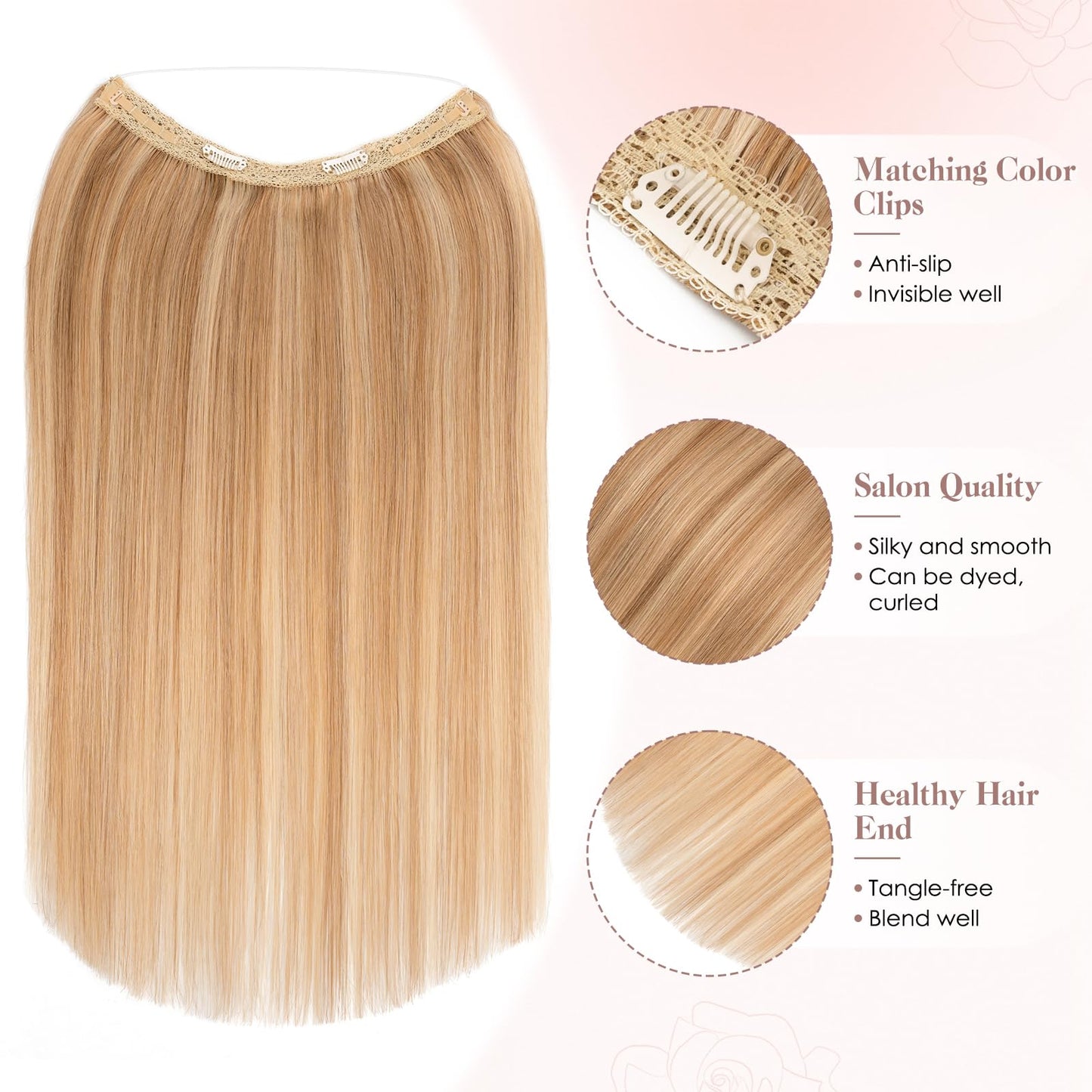 S-noilite Halo Hair Extension Invisible Wire in Real Remy Human Hair Extensions with Clips Adjustable Hidden Wire in Hair Extension for Women 14 inch Camel Bown Highlighted Blonde