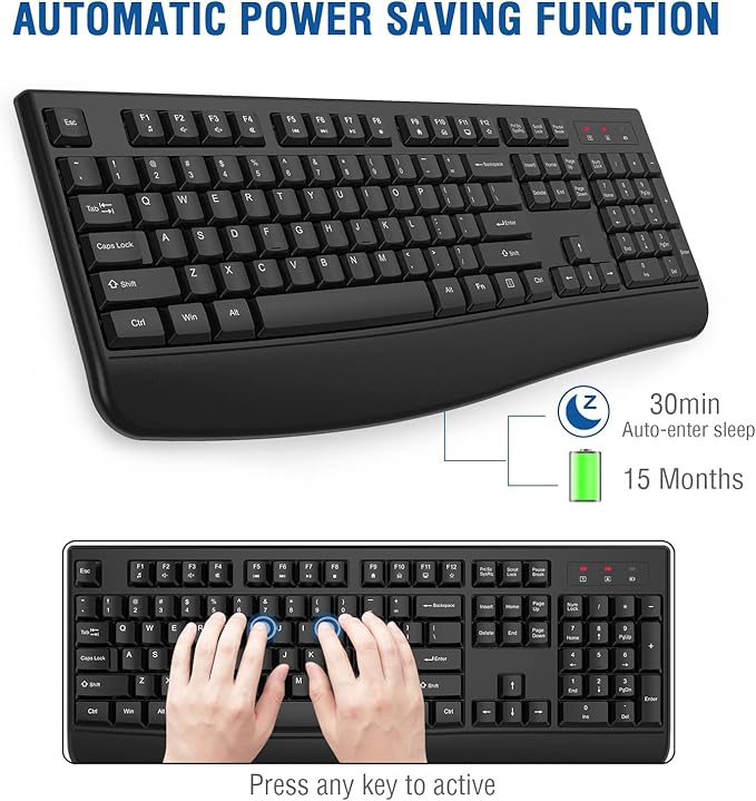 EDJO Wireless Keyboard, 2.4G Ergonomic Full Size Wireless Computer Keyboard with Wrist Rest for Windows, Mac OS Desktop/Laptop/PC（Gray）