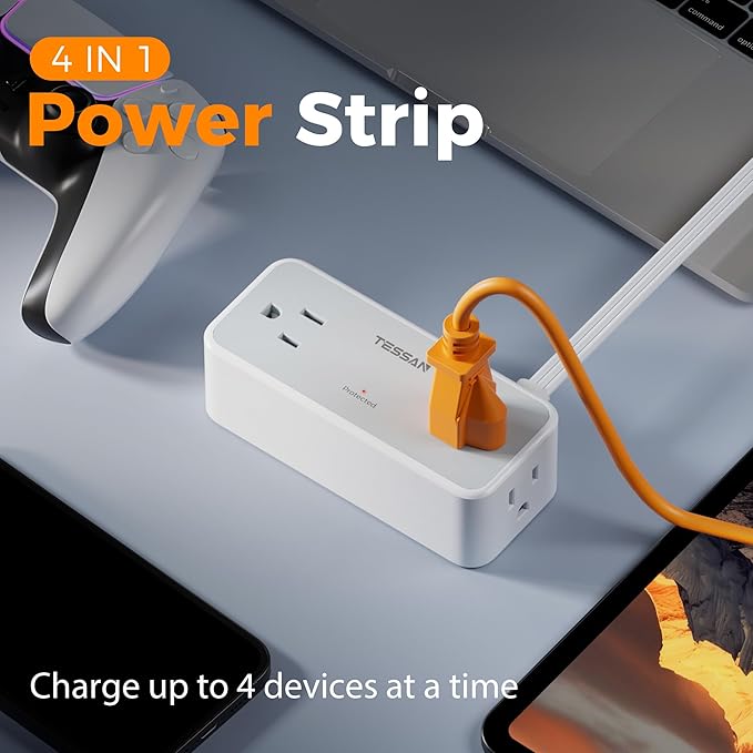 TESSAN Flat Plug Extension Cord 5 FT, Surge Protector Power Strip with 4 AC Outlets, 900 Joules Protection, Multiple Wall Outlet Extender Suitable for Office Dorm, Grey