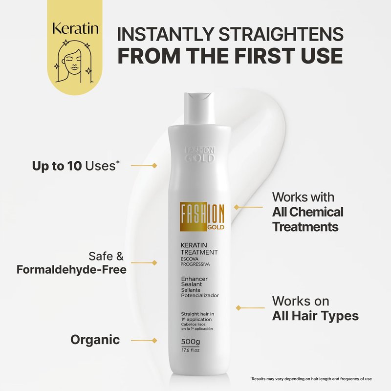 FASHION GOLD Keratin Hair Treatment (10 USES per Bottle), Keratina para Alisar el Pelo, Hair Botox Treatment, At Home Keratin Treatment, Alisados Organicos SIN FORMOL, Verdadera Keratina Brasileña