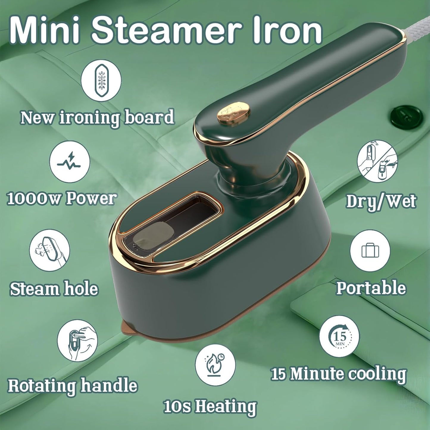 Skiennix Travel Steamer Iron - Portable Clothes Ironing Machine for Home & Dorm | Compact Green Design