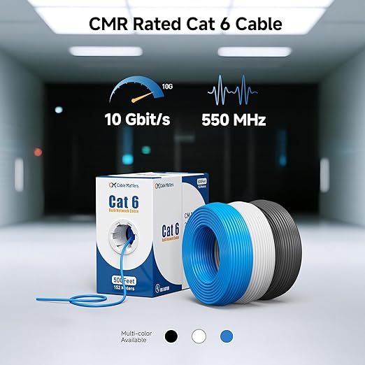 Cable Matters [UL Listed] 10Gbps in-Wall Riser Rated (CMR) 23AWG Bare Copper Cat6 Ethernet Cable - 300ft, Solid, UTP Cat 6 Ethernet Cable Spool, Cat 6 Cord Bulk, Black