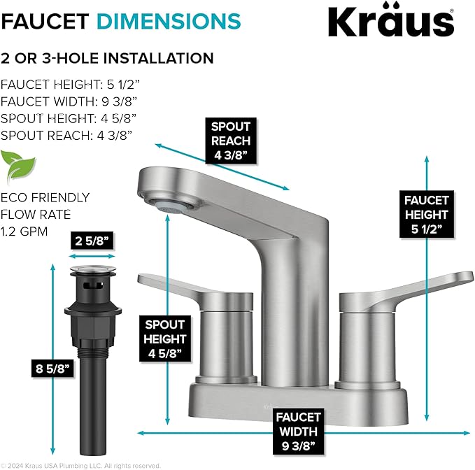 KRAUS Indy Centerset Bathroom Faucet in Spot-Free Brushed Nickel with 2 Handles, Pop Up Drain and Supply Lines, FUS-14102SFBN