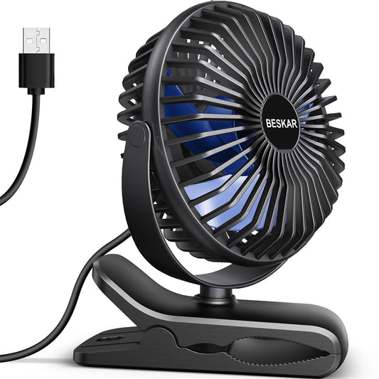 BESKAR USB Clip on Fan, Portable Small Fan with Cord Powered, 3 Speeds Strong Airflow, with Sturdy Clamp, Quiet Personal Desk Fan