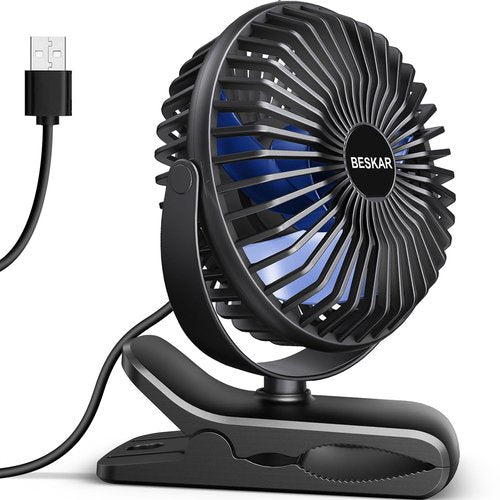 BESKAR USB Clip on Fan, Portable Small Fan with Cord Powered, 3 Speeds Strong Airflow, with Sturdy Clamp, Quiet Personal Desk Fan