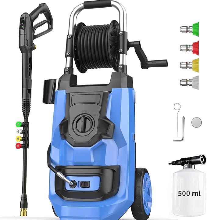 commowner𝐏𝐨𝐰𝐞𝐫 𝐖𝐚𝐬𝐡𝐞𝐫 𝟓𝟎𝟎𝟎𝐏𝐒𝐈 Portable with 20FT Pipe, 4 Nozzle Set for Home/Cars/Fences/Windows, Blue