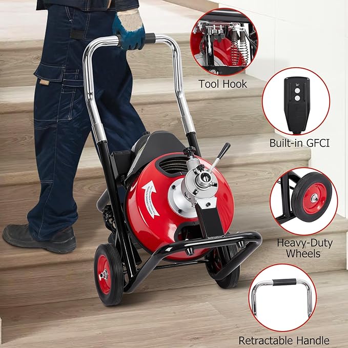 Garvee K-300ZF 3/8 in 100 ft 1 Red & Black Electric Drain Cleaner Machine - Automatic Auger for 1 to 4 in Pipes, Portable Design, 4 Cutters, Foot Switch Control, and Includes Gloves.