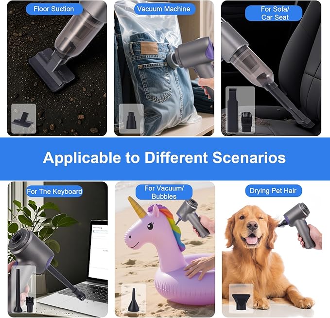 Vacvibe Car Vacuum Portable Cordless, 21000PA 4 in 1 Suck/Blow/Pump/Charger 120W Handheld Car Vacuum Cleaner and Air Duster, Brushless Motor Multi-Nozzles for Home Office Grey