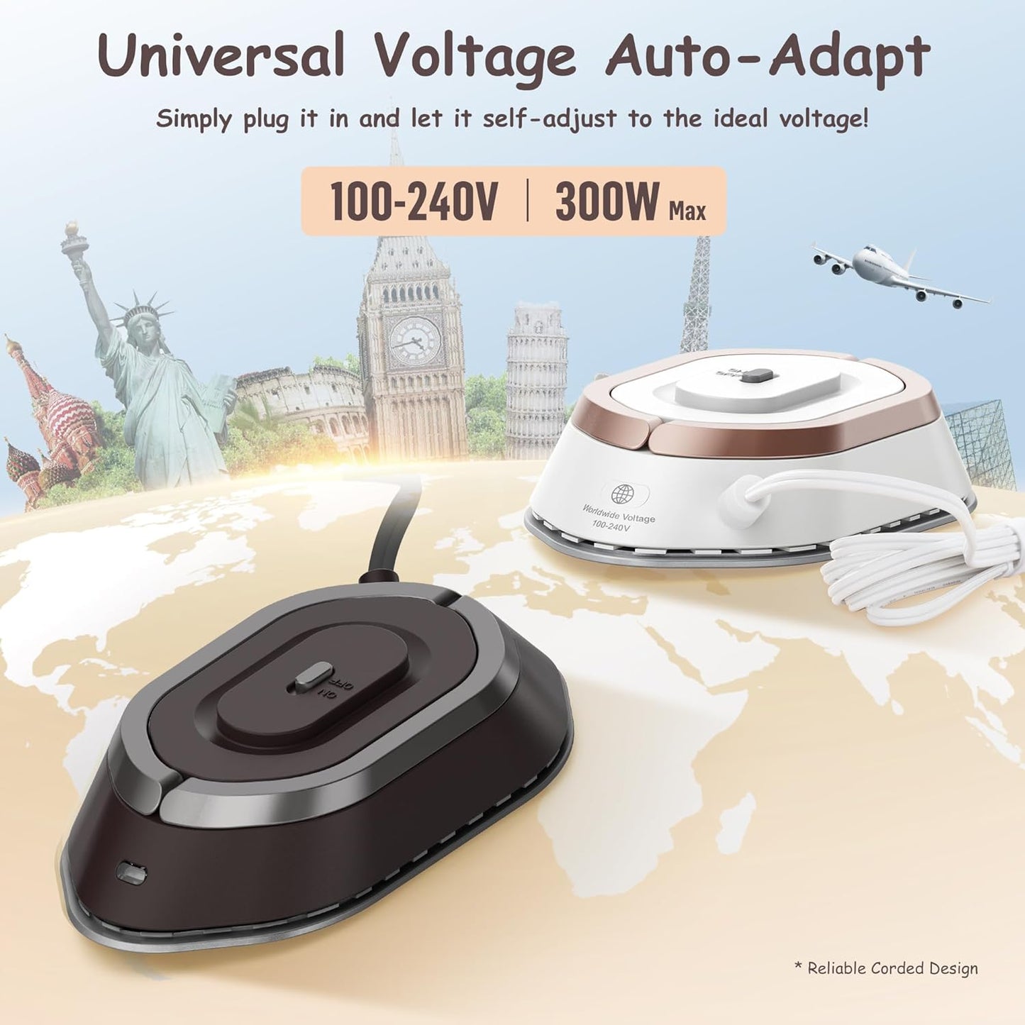 Newbealer Travel Iron - Mini Dry Iron with Global Voltage, 300W, Non-Stick Soleplate | Ultra-Lightweight, Brown