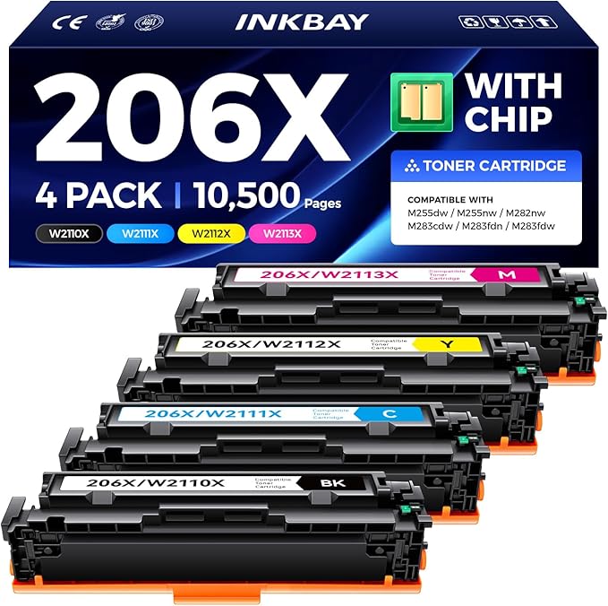 206X Toner Cartridges Replacement for HP 206X 206A Toner Compatible with Color LaserJet Pro M255dw M255nw MFP M282nw M283cdw M283fdn M283fdw Printer W2110X W2110A-High Yield With Chip (4 Pack-B/C/Y/M)