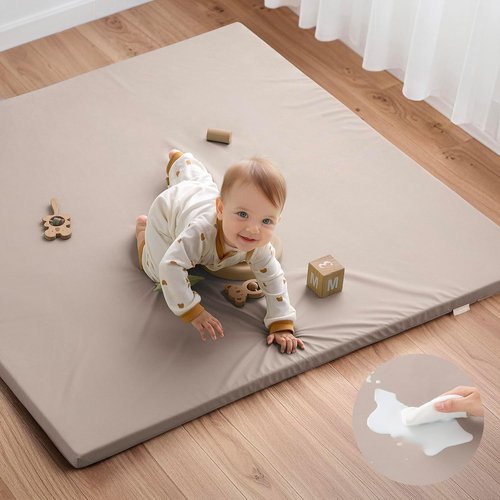 Blissful Diary Vegan Leather Baby Play Mat - 50x50 Waterproof Cushioned Mat for Infants & Toddlers | Stylish Taupe Design