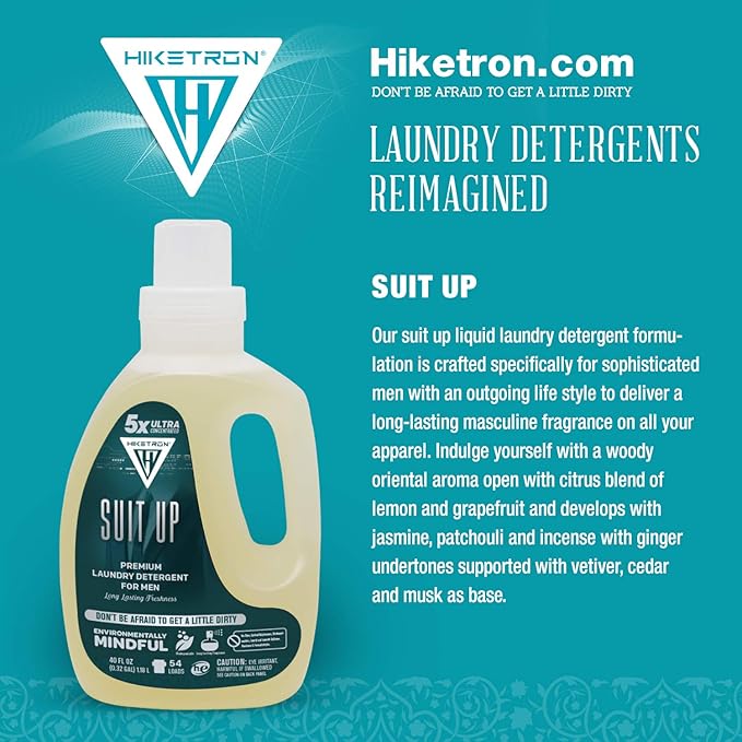 Hiketron Suit Up Liquid Laundry Detergent, 5x Ultra Concentrated, Tough Stains Remover, Long Lasting Masculine Scent (40 Fl Oz, Pack of 1)