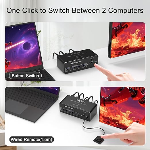 DEMEXBOOK 8K Dual Monitor DisplayPort KVM Switch 2 Monitors 2 Computers 8K@60Hz 4K@144Hz, 2 Computers Share 2 Monitors, 4 USB 3.0 Ports, Supports Extended/Copy Mode with Remote & USB Cables