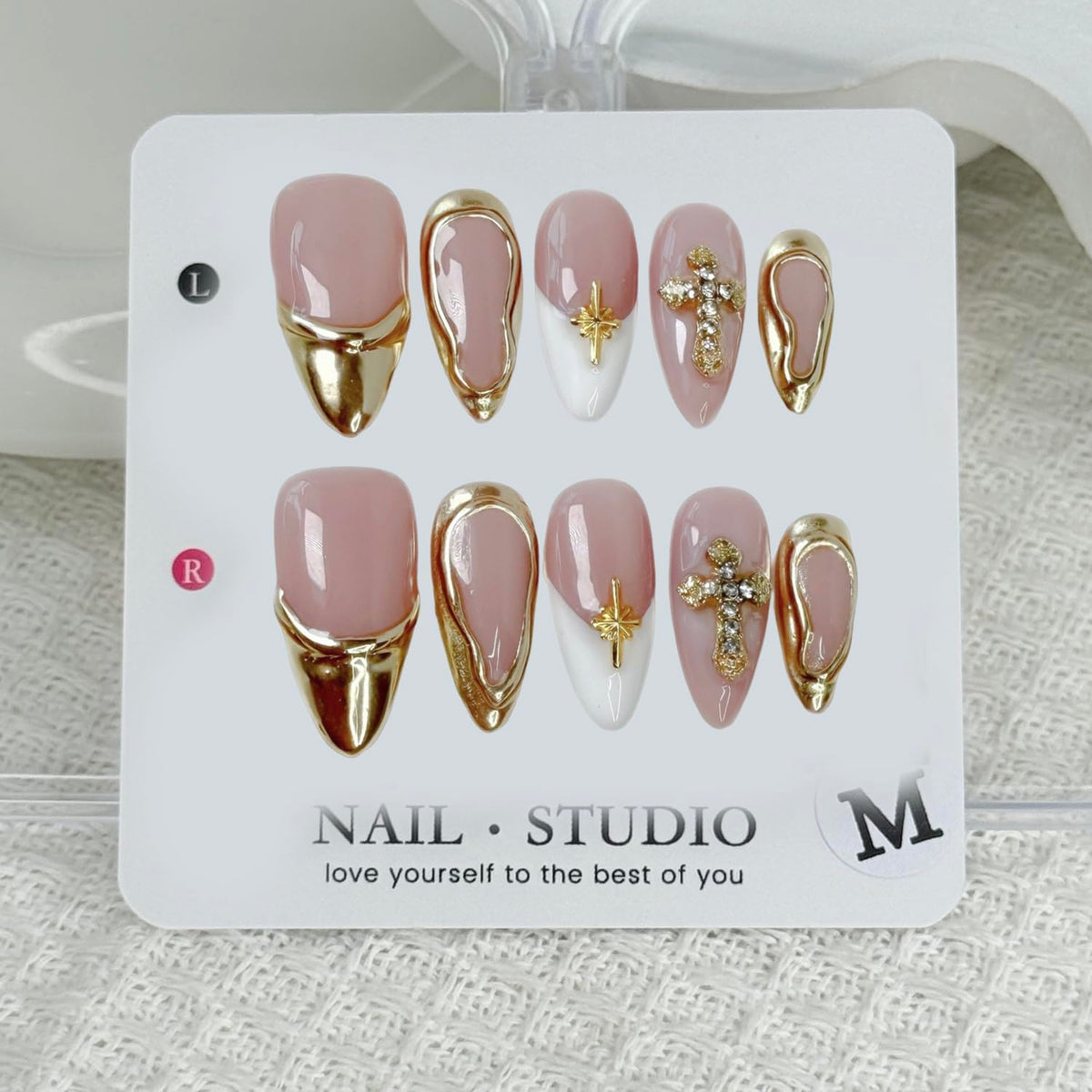 Handmade Fake Nails Medium Almond Press on Nails Rhinestones 3D Gold Curve Line False Nail French with Cross Designs Glossy Glue on Nail DIY for Women Manicure Art (Size S)