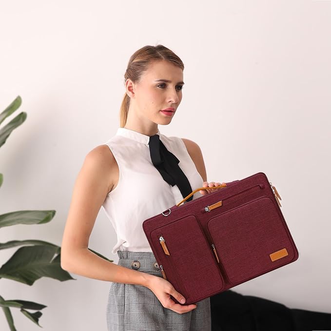 MOSISO 360 Protective Laptop Shoulder Bag,13-13.3 inch Computer Bag Compatible with MacBook Pro 14, HP, Dell, Lenovo, Asus Notebook,Side Open Messenger Bag with 4 Zipper Pockets&Handle, Wine Red
