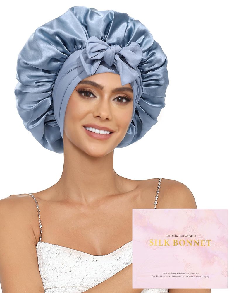 Mulberry Silk Bonnet for Sleeping | Double Layer Reversible Hair Wrap - Haze Blue & Sky Blue