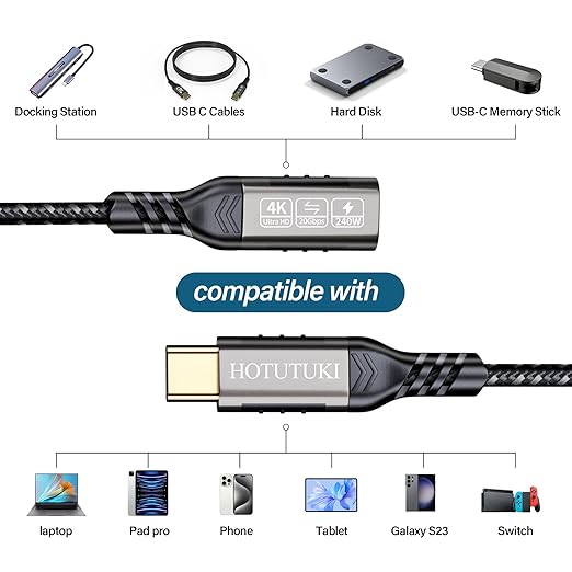 HOTUTUKI USB-C Extension Cable 6.6ft, 20Gbps Data Transfer, 4K@60Hz, 240W Charging, Male to Female Compatible with Cell Phone Cord Extension