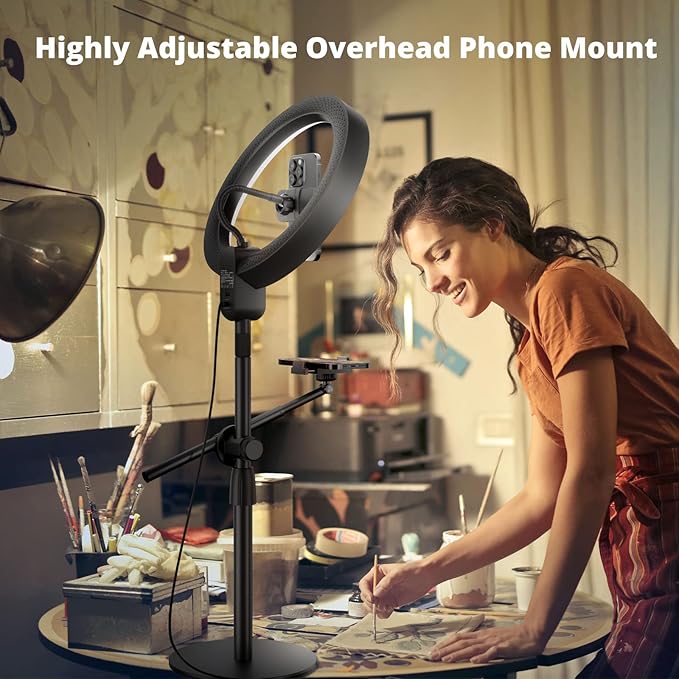 SupeDesk 12" Ring Light with Stand and Phone Holder,Overhead Phone Stand,2 Phone Holders,2700-6500K,3 Color Modes,10 Brightness Levels,Remote Control,Adjustable,Live Stream,Tiktok/YouTube