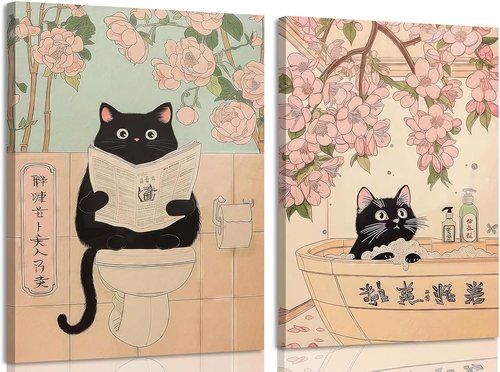 Framed Japanese Wall Art Set | Funny Black Cat Bathroom Decor - Vintage Canvas Prints 12x16 Inch
