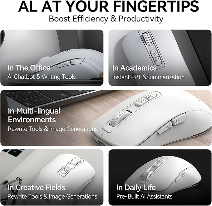 MIMOUSE EM4AI White AI Mouse with Voice Typing, Ergonomic Wireless Mouse for PC/Laptop, 3 Devices Bluetooth Computer Mice for Lecture & Meeting, Windows Mac OS Compatible Portable Mouse Gadgets Gift