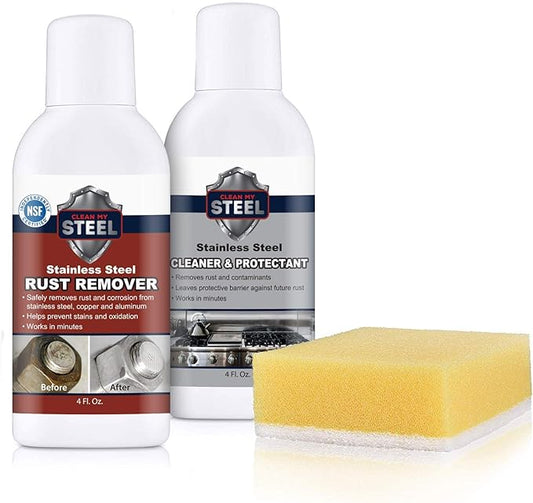 CLEAN MY STEEL â Stainless Steel Rust Stain Remover Kit with Protector â Fast Acting for Commercial Equipment Rust Cleaner for Appliances, Grills & More â Food-Safe Stainless Steel Cleaner (4 oz)
