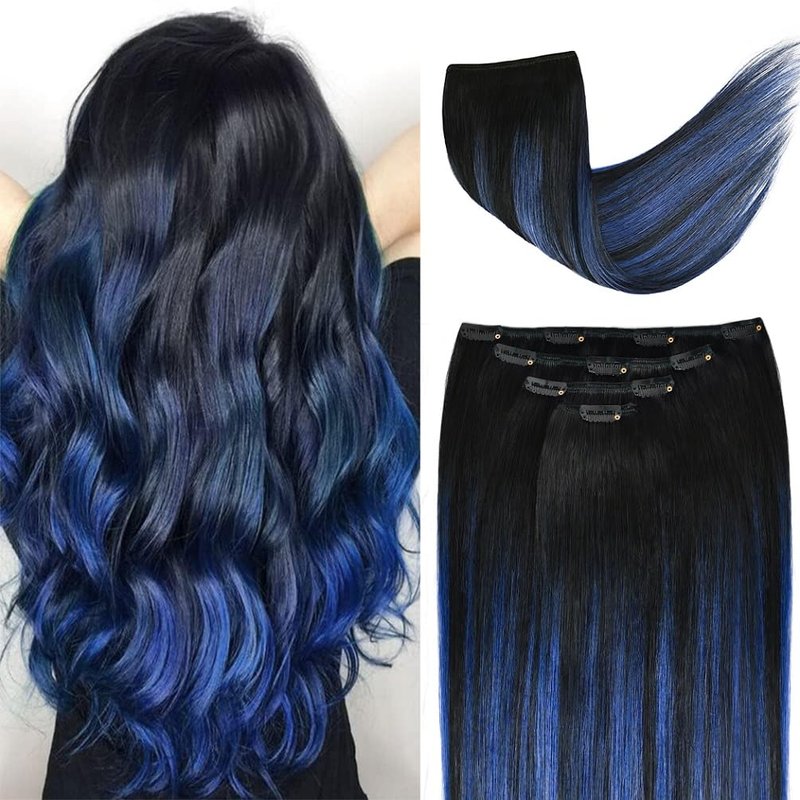 16" Clip in Hair Extensions Remy Human Hair Blue Balayage for Women - Silky Straight 100% Real Human Hair 55grams 4pieces #(1B/Blue) T1B Color