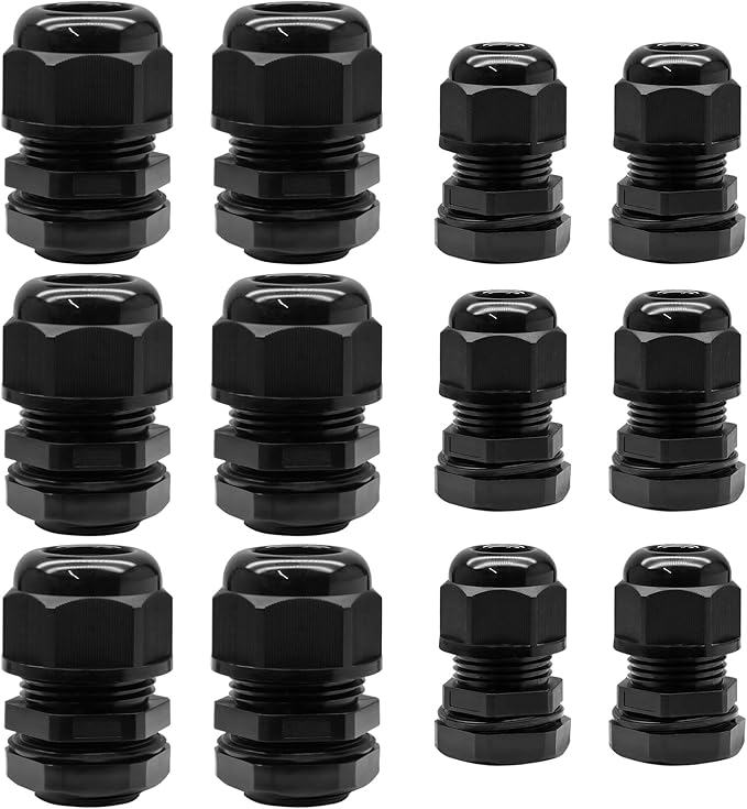 Kyuionty 12 Pcs Nylon Cable Glands, Black Strain Relief Cable Cord Connector IP68 Waterproof Junction Box Wire Protectors Adjustable (6 Pcs 3/4" NPT + 6 Pcs 1/2" NPT)