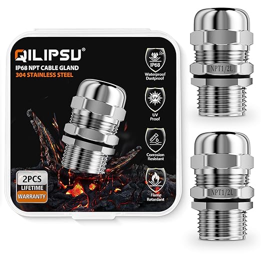 QILIPSU 2pcs 1/2" NPT 304 Stainless Steel Cable Gland Waterproof IP68 Metal Strain Relief Cord Grip Long Thread Cable Pass Through Wire Connector