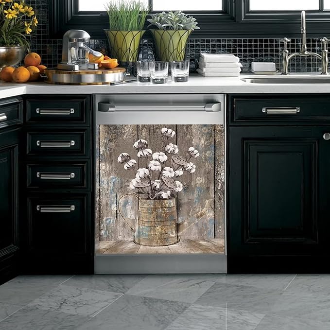 Vintage Wood Dishwasher Cover Kitchen Decorative,Rustic Wooden Dishwasher Magnet Cover Decor Cotton Flower Sticker,Retro Farm Floral Dishwasher Decal Home Appliance Panel Stickers 23"x26"