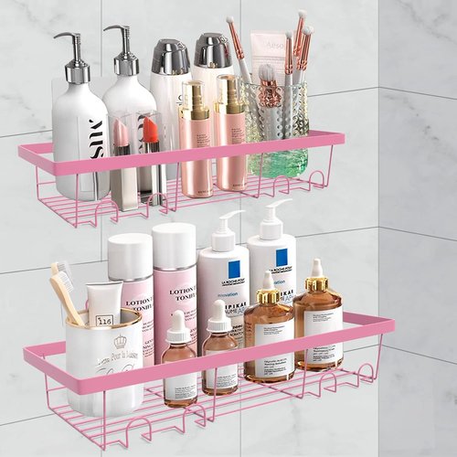 Durmmur Adhesive Shower Caddy Organizer - Rustproof Wall-Mounted Storage Shelf Rack | 2 Pack, Pink
