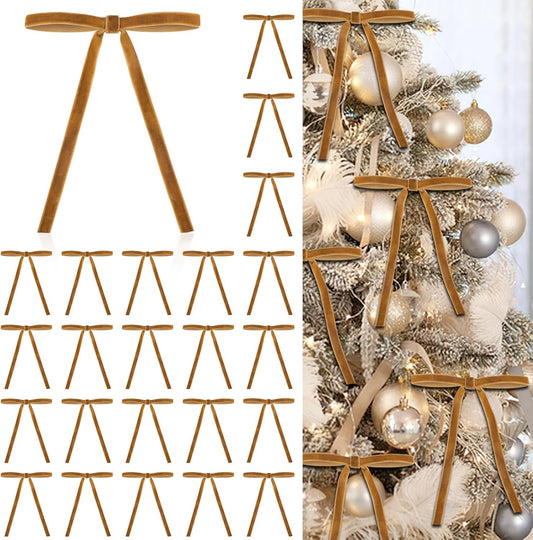 Skiennix 24 Pcs Velvet Bows - Elegant Khaki Christmas Tree Ornaments | 5”x7” Pre-Tied Holiday Décor