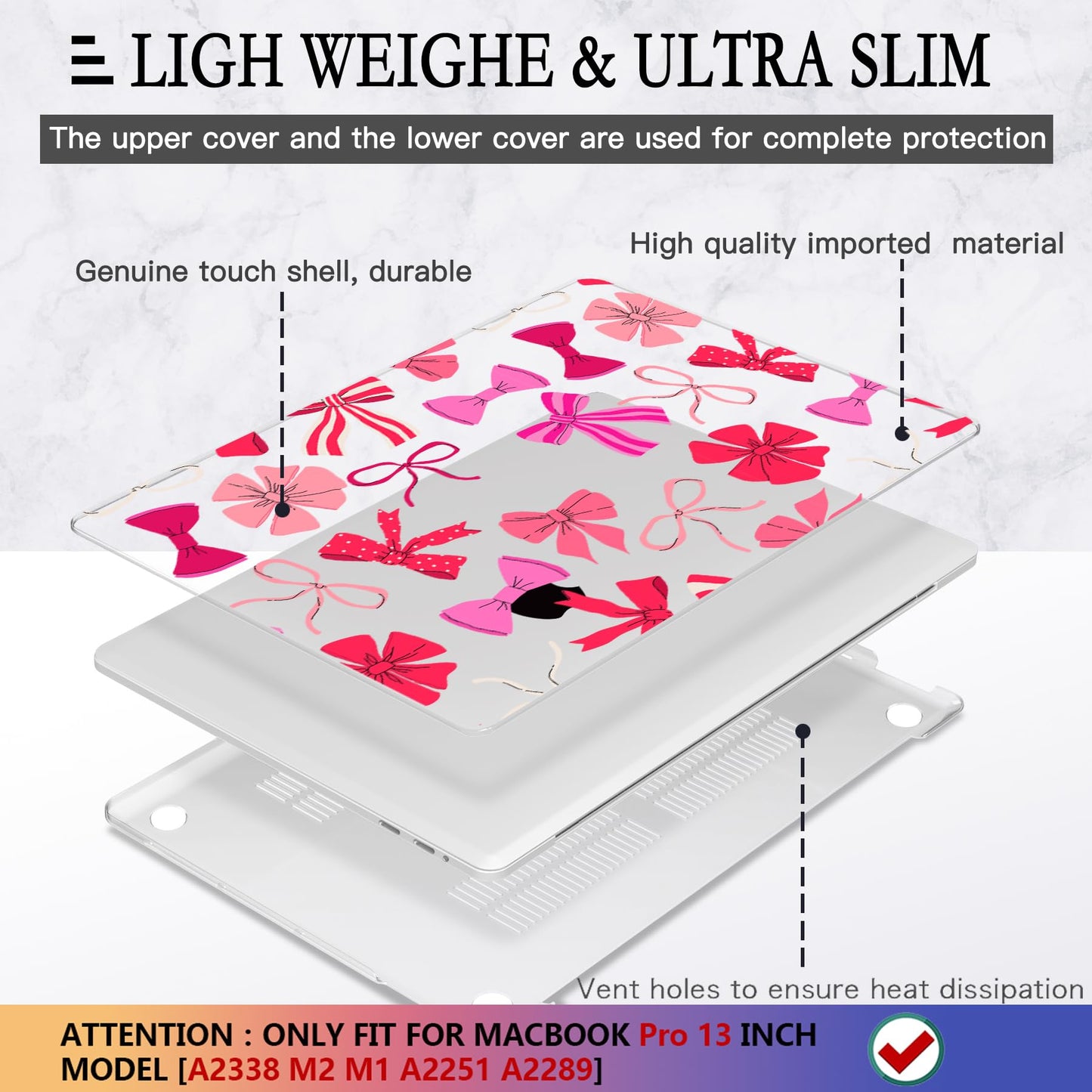 CISSOOK Compatible with MacBook Pro 13 inch 2025-2016 Release M2 M1 Chip A2338 A2251 A2289 A2159 A1989 A1706 Model, Plastic Hard Shell Case with Keyboard Cover&Screen Protector, Pink Bows