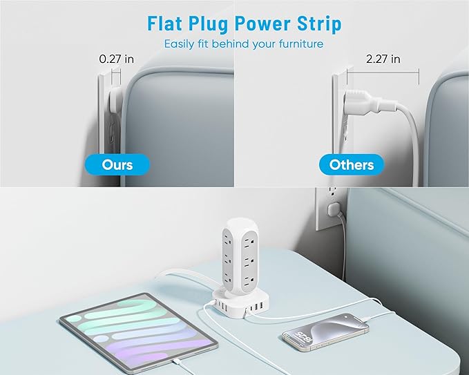 Flat Plug Power Strip Tower, TenTrend 65W Max Charging Tower with 12 AC Outlets & 8 USB Ports (4 USB C), 82W Total Fast Charging Station, 10FT Extension Cord for Desk Office Dorm Room