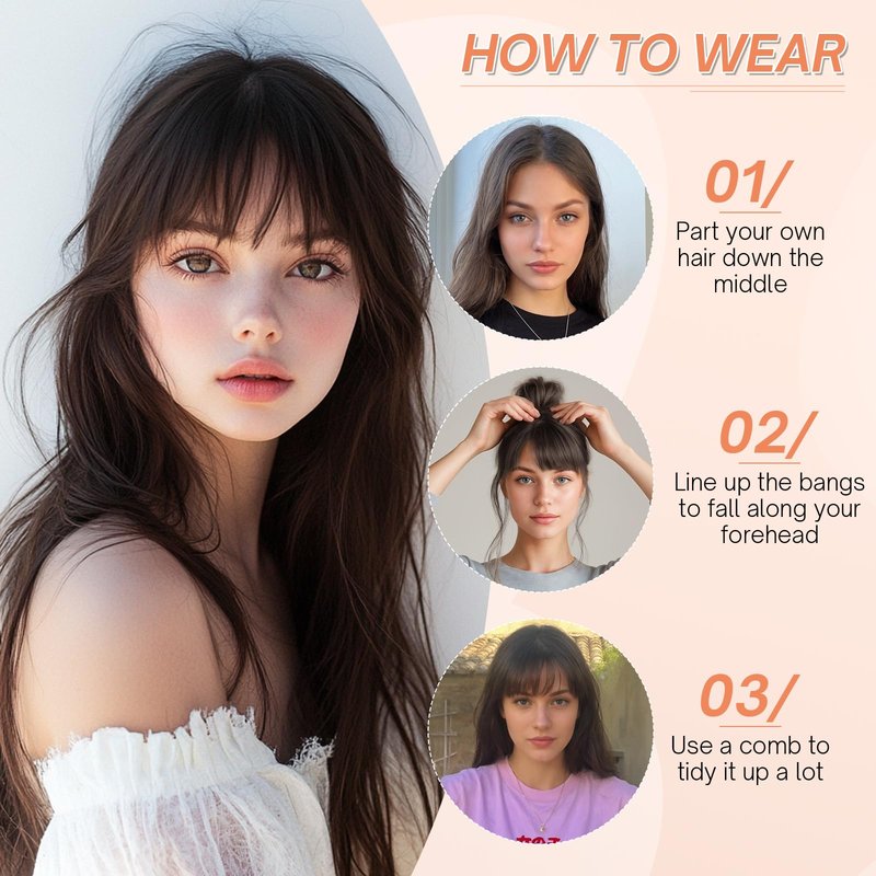 Benehair Clip on Bangs for Women Human Hair, Fake Bangs Clip Human hair, Middle Part Clip in Hair Extensions Hair Pieces with Temples for Daily Wear (Dark Brown)
