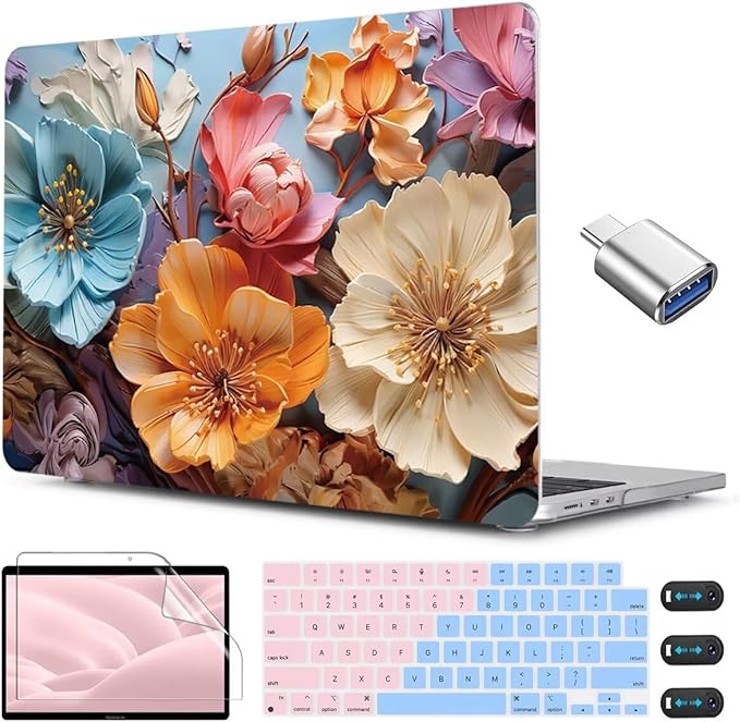 CISSOOK for MacBook Air 13 inch M2 M3 M4 M5 Case 2022 2023 2024 2025 2026 Release, Flower Hard Shell Cases with Keyboard Cover OTG Adapter for MacBook Air 13.6 inch A3449 A3240 M3113 A2681