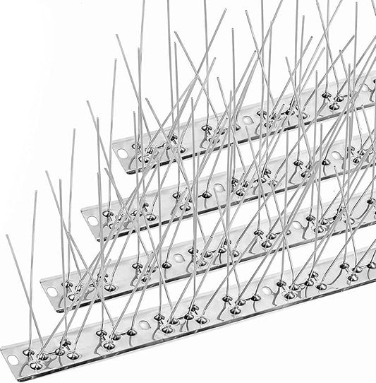 BUGGOFF Bird and Rodent Spikes, 4.5" Tall 10" Long Stainless Steel Anti-Bird Deterrent Strips, Silver, Professional Pest Control for Roofs, Fences, Ledges (40 Pieces / 33 Feet)