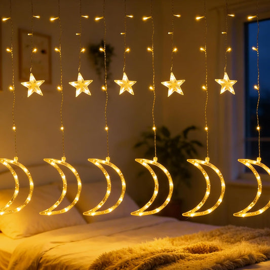 TW SHINE Star & Moon Curtain String Lights - 138 LED, 8 Modes, Waterproof, 8.2 FT for Ramadan Decor